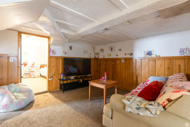 654 North 100 East Logan, UT 84321 - Photo 17 of 41 Carpeted living area featuring a textured ceiling, a wainscoted wall, and wood walls