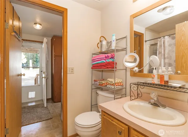 a bathroom with a sink toilet vanity and shower