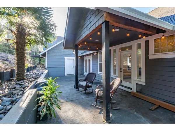 a view of a lake with sitting area