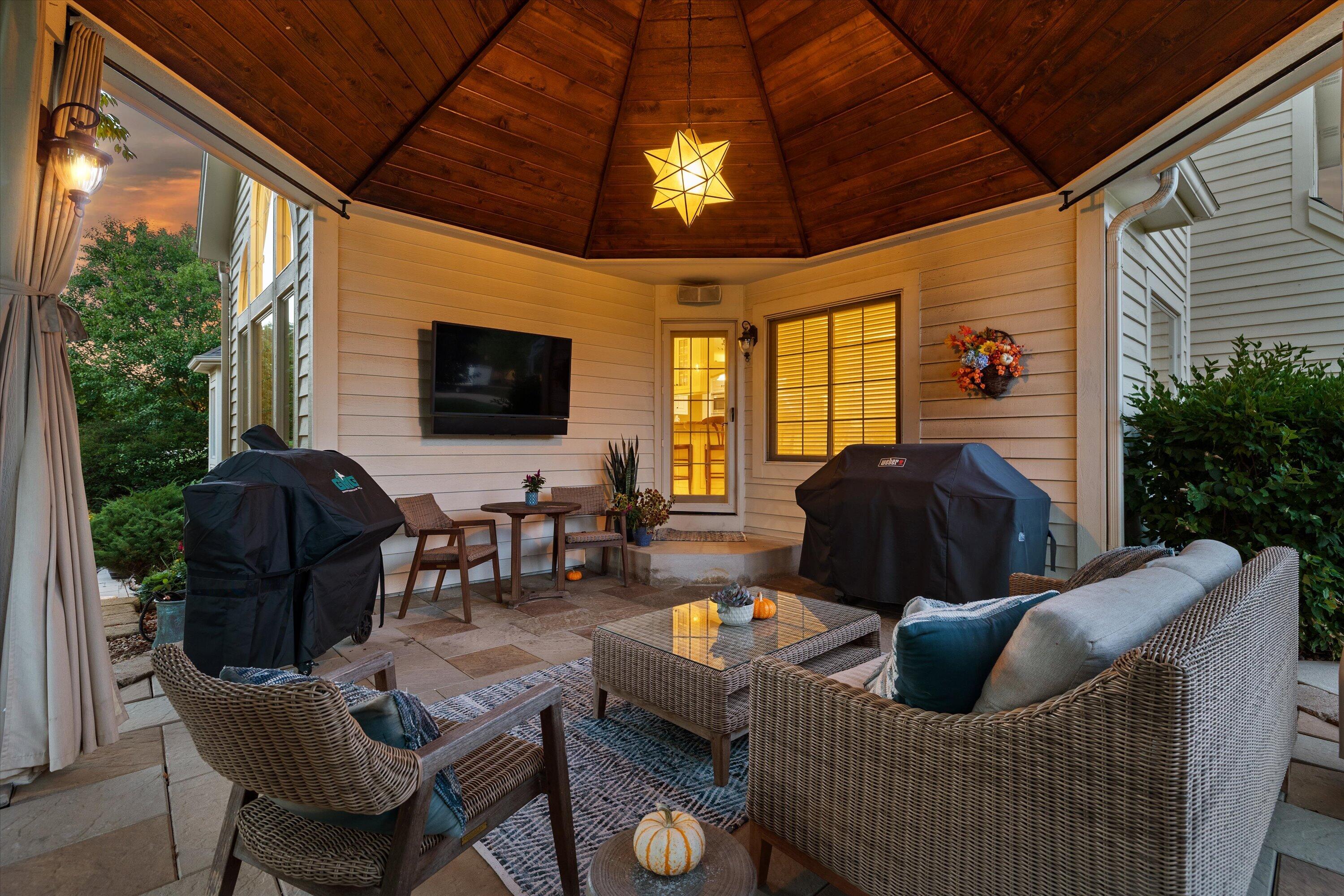264 Steeple Pointe Circle Delafield, WI 53018 - Photo 60 of 120 A screened in Gazebo with beautiful wood ceiling and TV is a ideal for enjoying summer evenings.