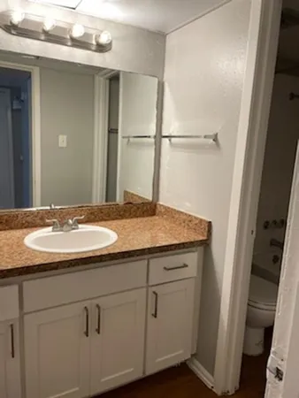 a bathroom with a granite countertop sink and a mirror