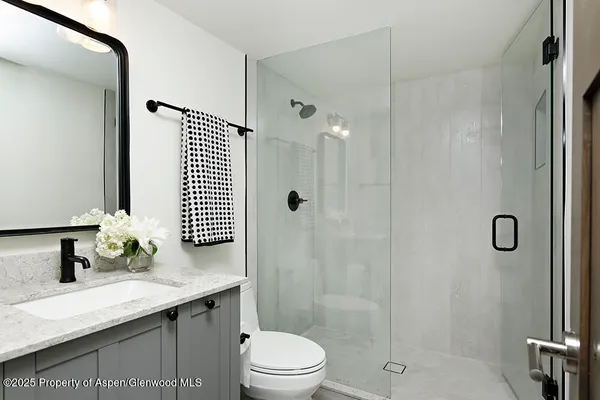 a bathroom with a granite countertop sink a toilet and shower