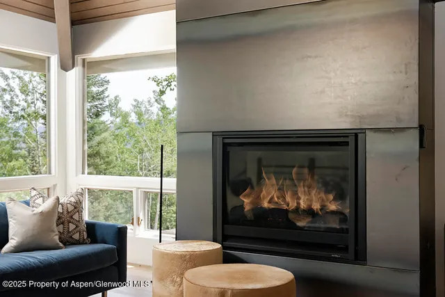 a living room with furniture a fireplace and a floor to ceiling window