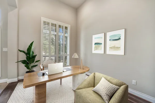 a living room with furniture and a potted plant