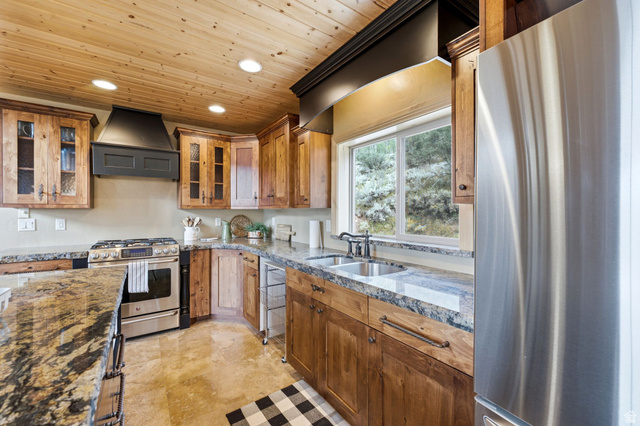 5404 Mountain View Road Coalville, UT 84017 - Photo 14 of 50 Kitchen featuring a wood-panel ceiling, stainless steel appliances, granite-style countertops, wood cabinetry with glass-front doors, and a double basin sink
