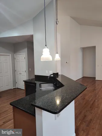 a kitchen with a sink cabinets and a wooden floor