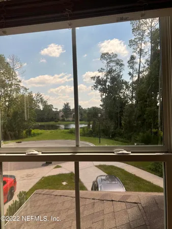 a view of a balcony from a window