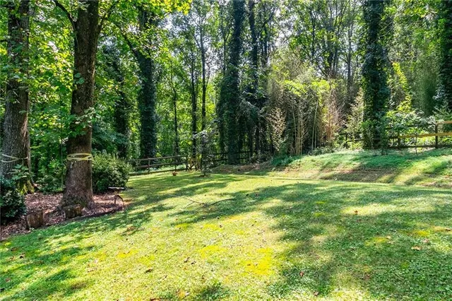 a view of outdoor space with trees all around