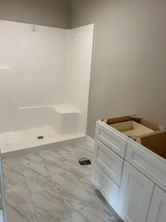 a bathroom with a bathtub