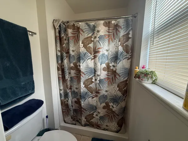 a bathroom with a toilet and shower curtain