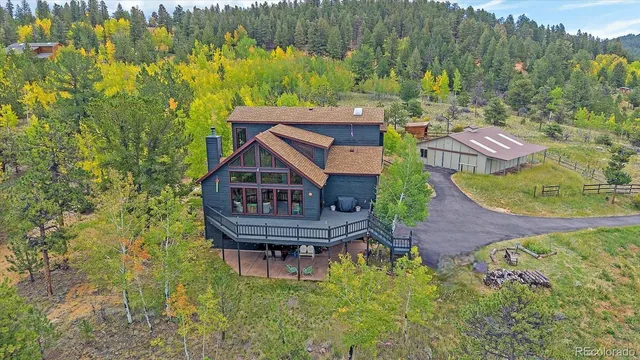 an aerial view of a house with swimming pool and green space