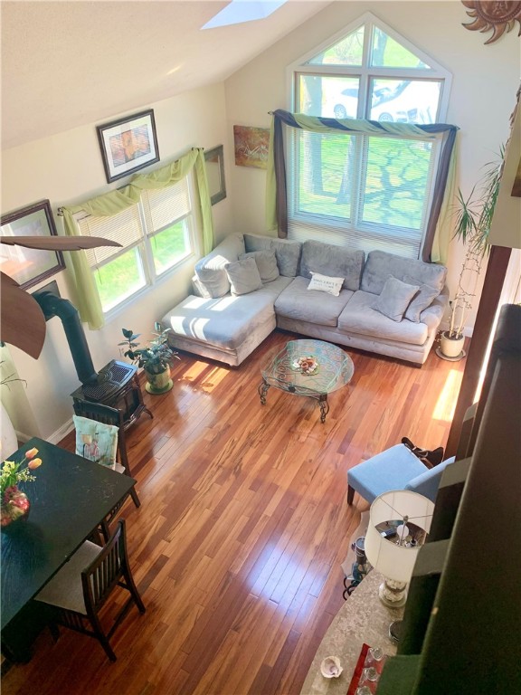Glancing down at living room hardwoods from second floor.