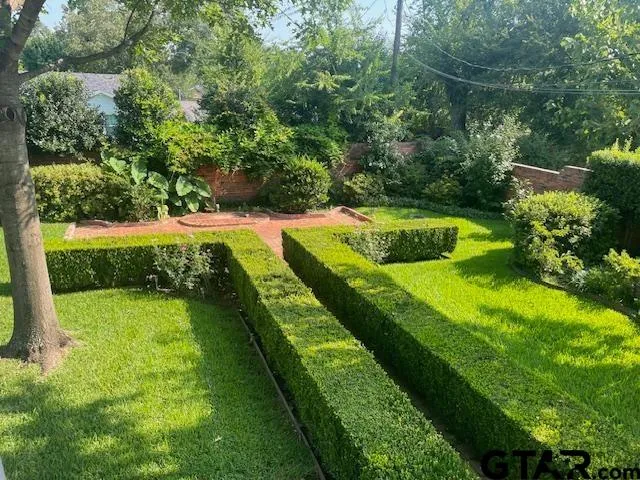 a view of garden with trees in the background