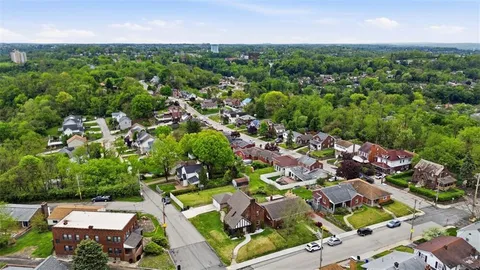 an aerial view of residential houses with outdoor space and trees