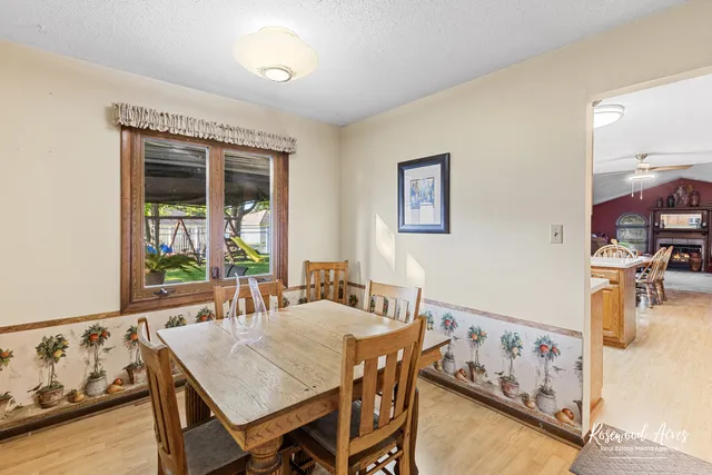 a view of a dining room with furniture
