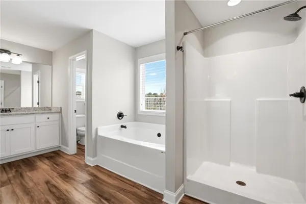 a bathroom with a tub a sink and a shower