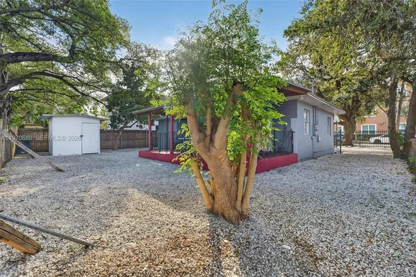 a backyard of a house with plants and large tree