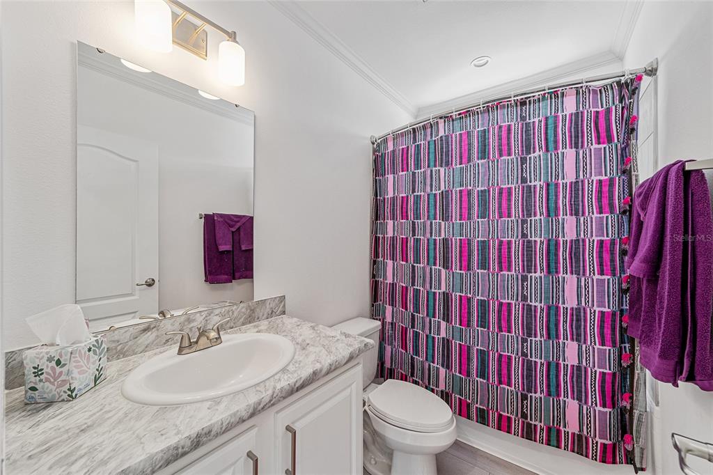 4520 Northwest 95th Avenue Road Ocala, FL 34482 - Photo 28 of 87 a bathroom with a granite countertop sink a toilet and shower curtain
