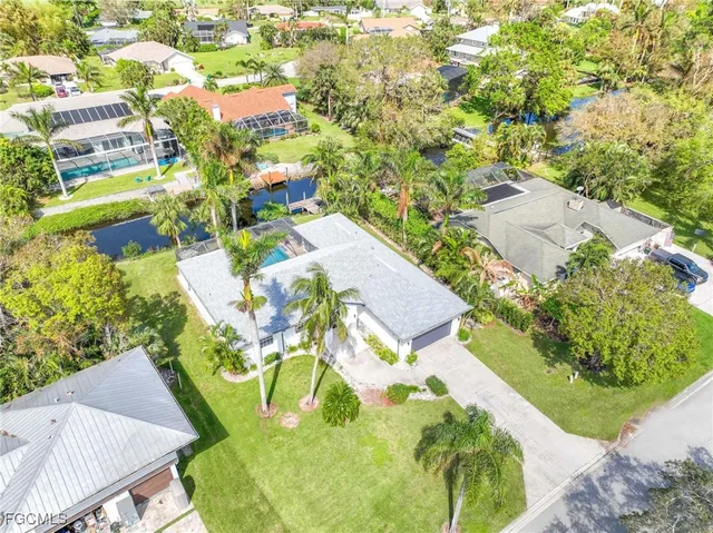 an aerial view of a swimming pool