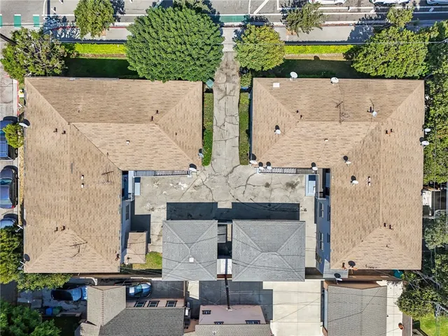 aerial view of a house with a garden