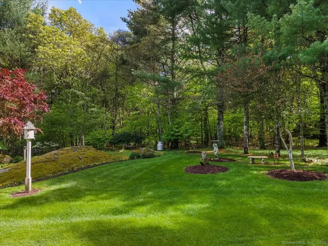 a garden view with a sitting space