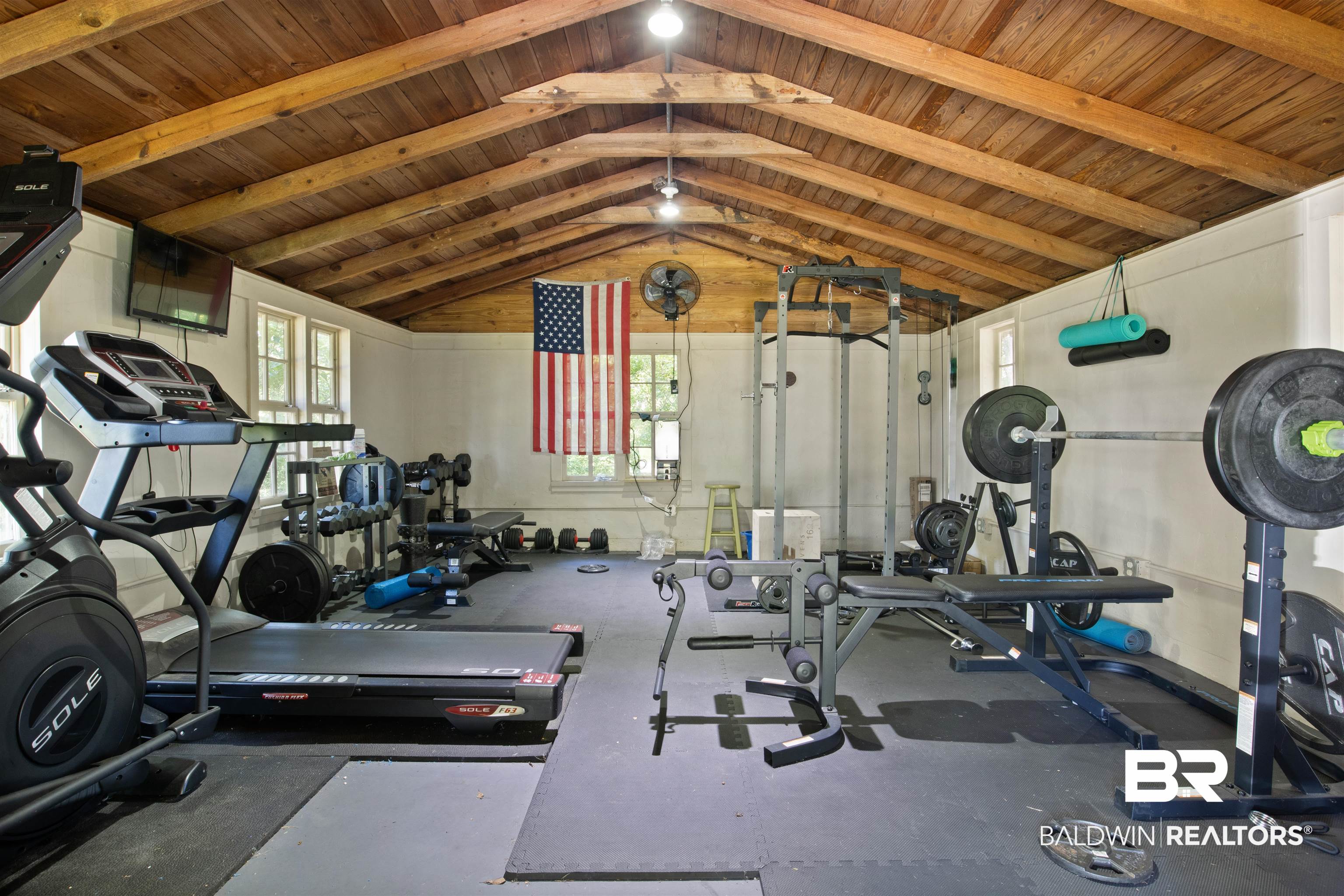 15100 Vasko Road Silverhill, AL 36576 - Photo 31 of 51 Workout area featuring lofted ceiling and wood ceiling