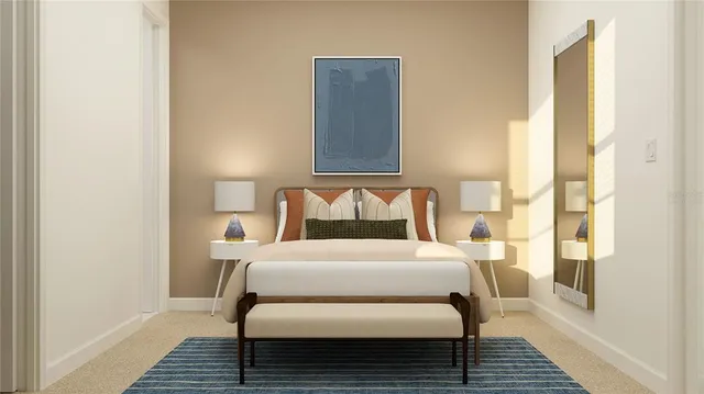 a bedroom with a bed and a mirror