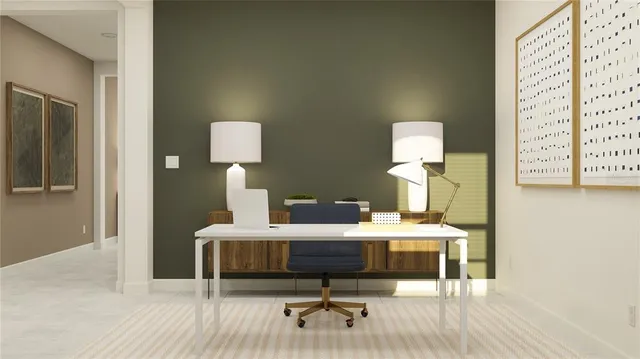 a bedroom with a bed and a lamp on table