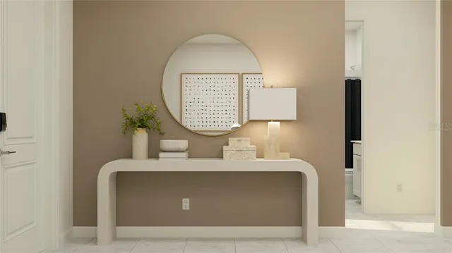 a view of hall way with mirror and window