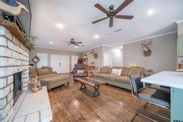 a living room with furniture and a fireplace