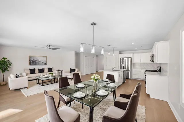 a view of a dining room with furniture