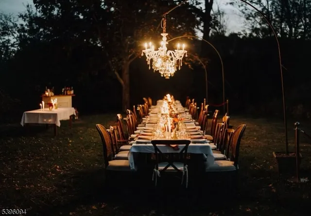 an outdoor space with furniture