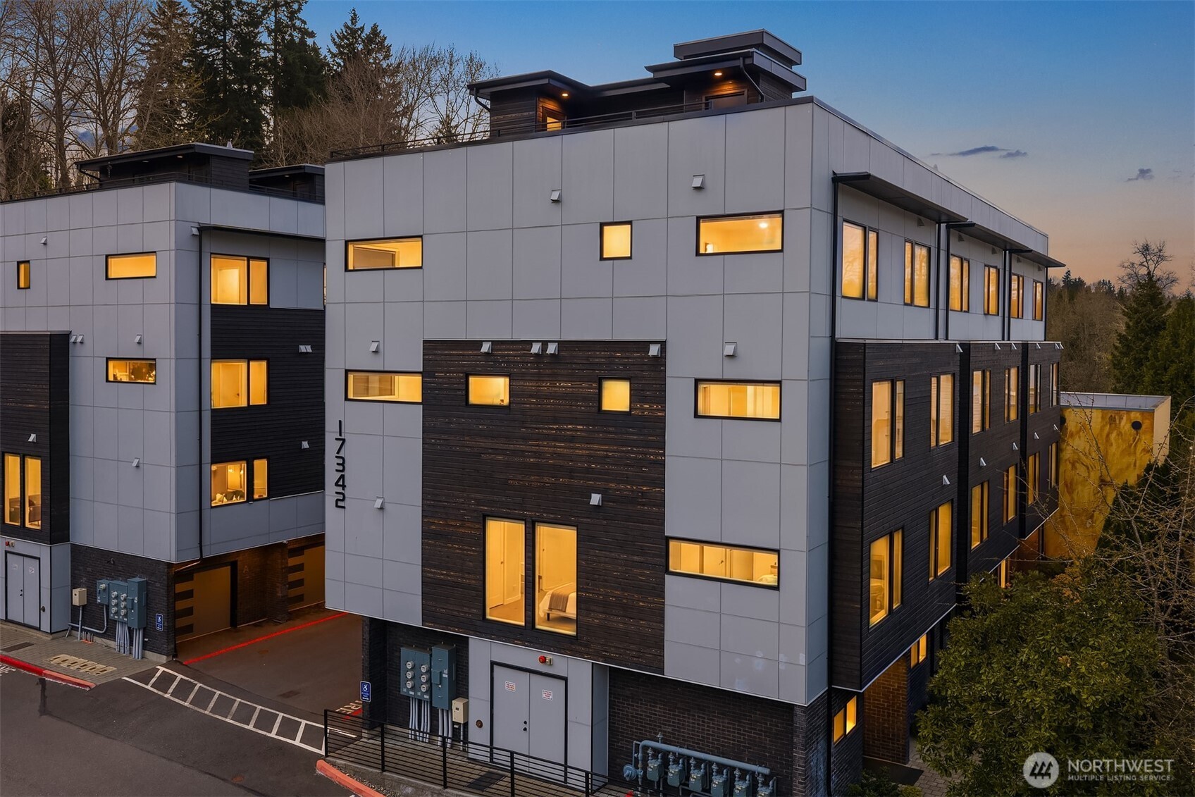 a front view of a multi story building