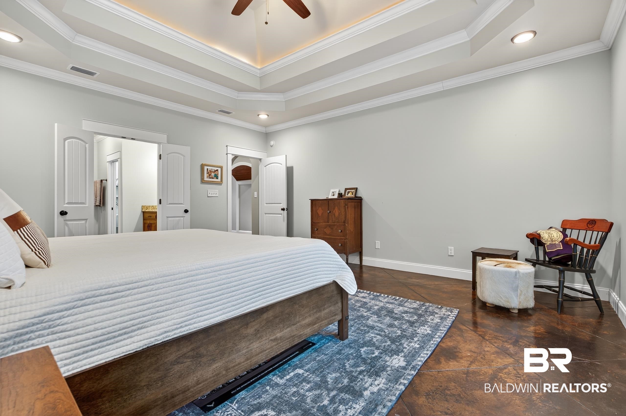 5517 Rabbit Creek Drive Theodore, AL 36582 - Photo 14 of 33 Bedroom with a raised ceiling, crown molding, recessed lighting, a ceiling fan, and ensuite bath