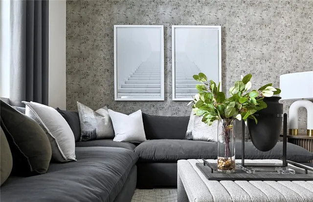 a living room with furniture flowerpot and a potted plant
