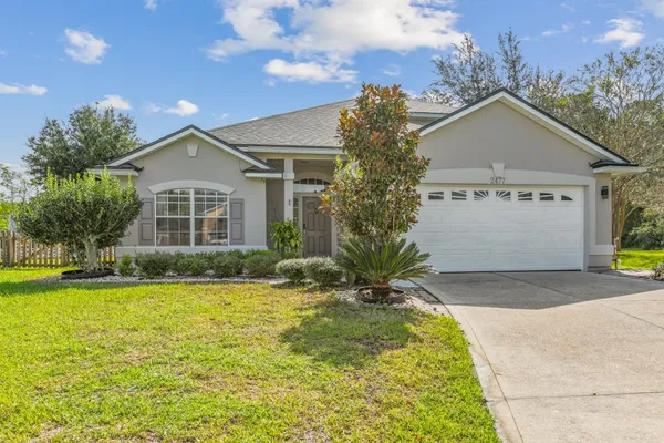 a front view of house with yard and green space