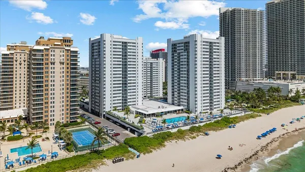 a city view with tall buildings