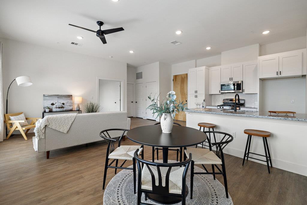 Open living space has room for living and dining areas