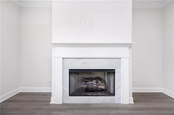 a white building with a fireplace