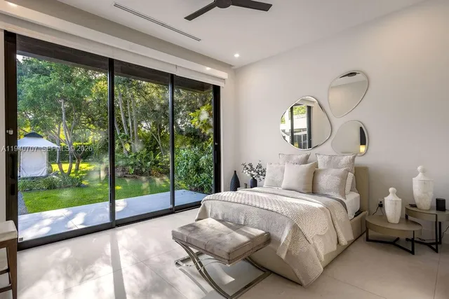 a bedroom with a bed and large window