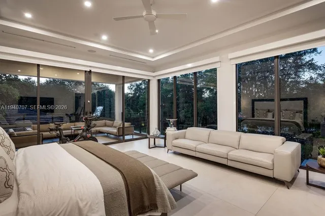 a spacious bedroom with bed and large windows