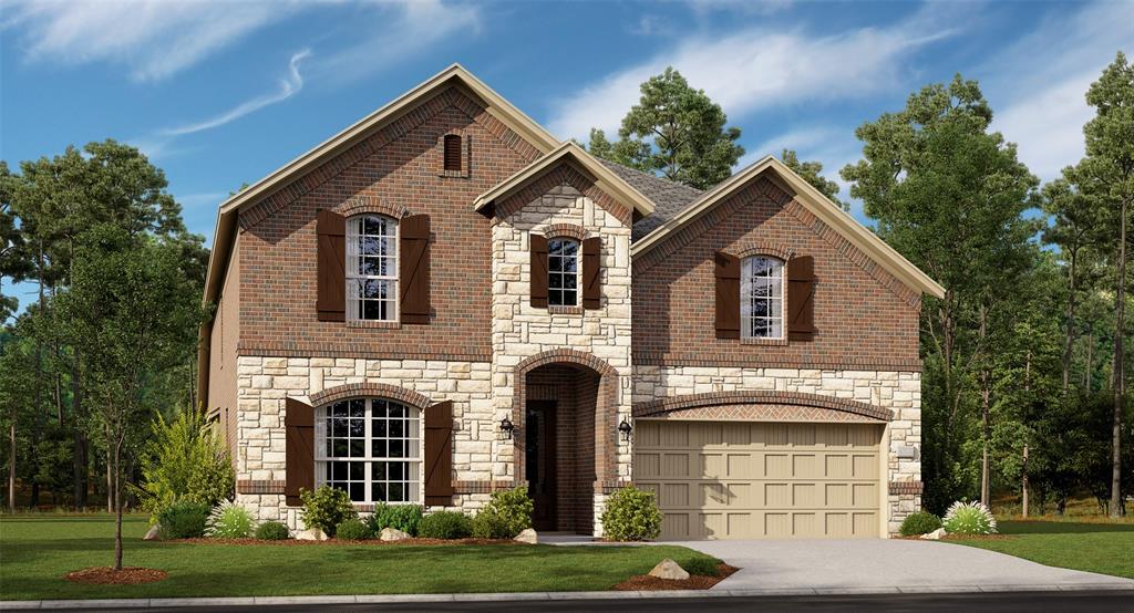French country inspired facade featuring stone siding, brick siding, a front yard, an attached garage, and concrete driveway