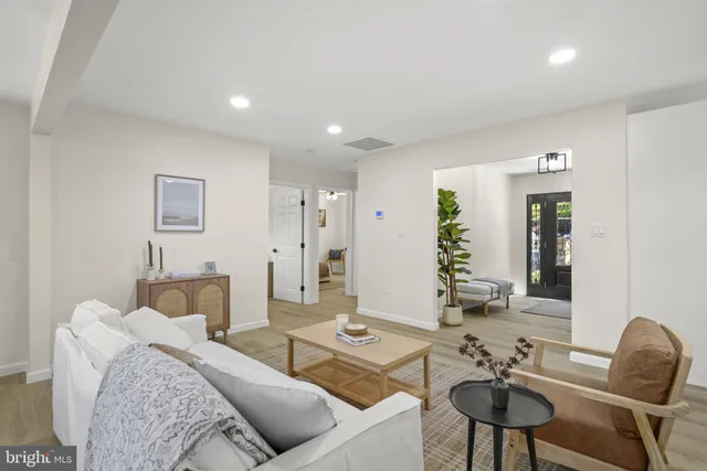 a living room with furniture and a potted plant