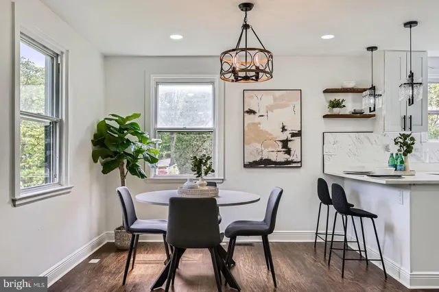 a view of a dining room with furniture window and wooden floor