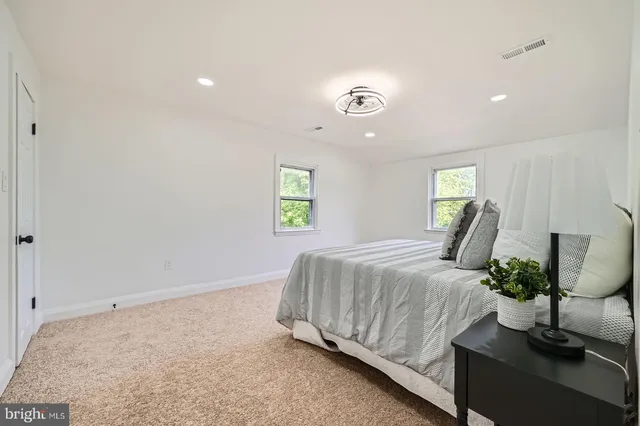 a spacious bedroom with a bed potted plant on table and a window
