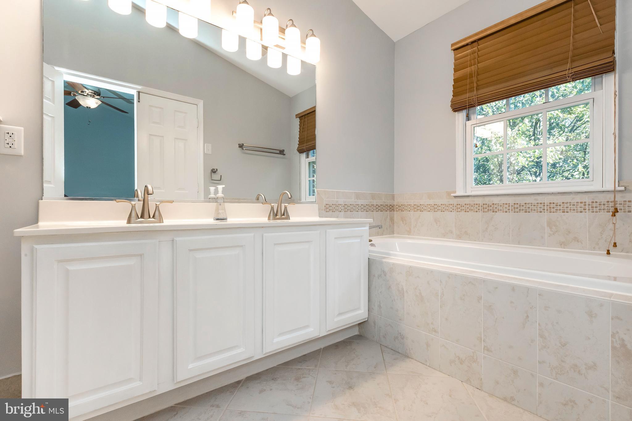 205 Ridgepoint Place Gaithersburg, MD 20878 - Photo 36 of 51 a bathroom with a sink a bathtub a mirror a vanity and a shower