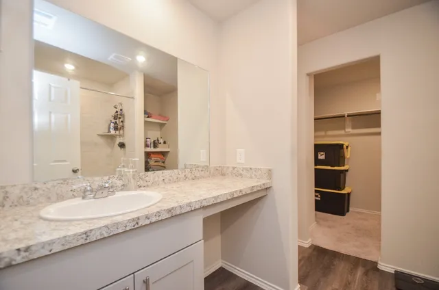 a bathroom with a granite countertop sink and a mirror