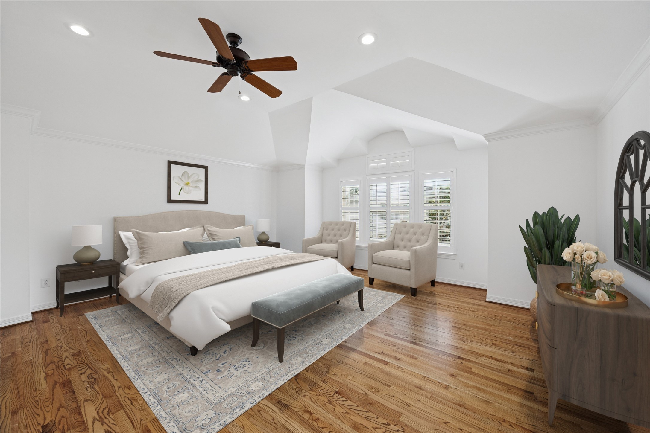2638 Wroxton Road West University Place, TX 77005 - Photo 20 of 31 The airy third-floor primary suite has gleaming hardwoods, a walk-in closet and tranquil bathroom; virtually staged