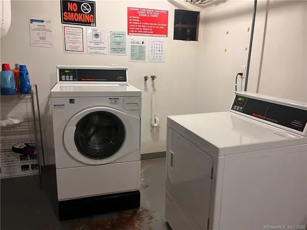 a view of a hallway with paintings on the wall and a potted plant