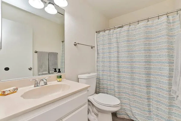 a bathroom with a sink a toilet and a mirror